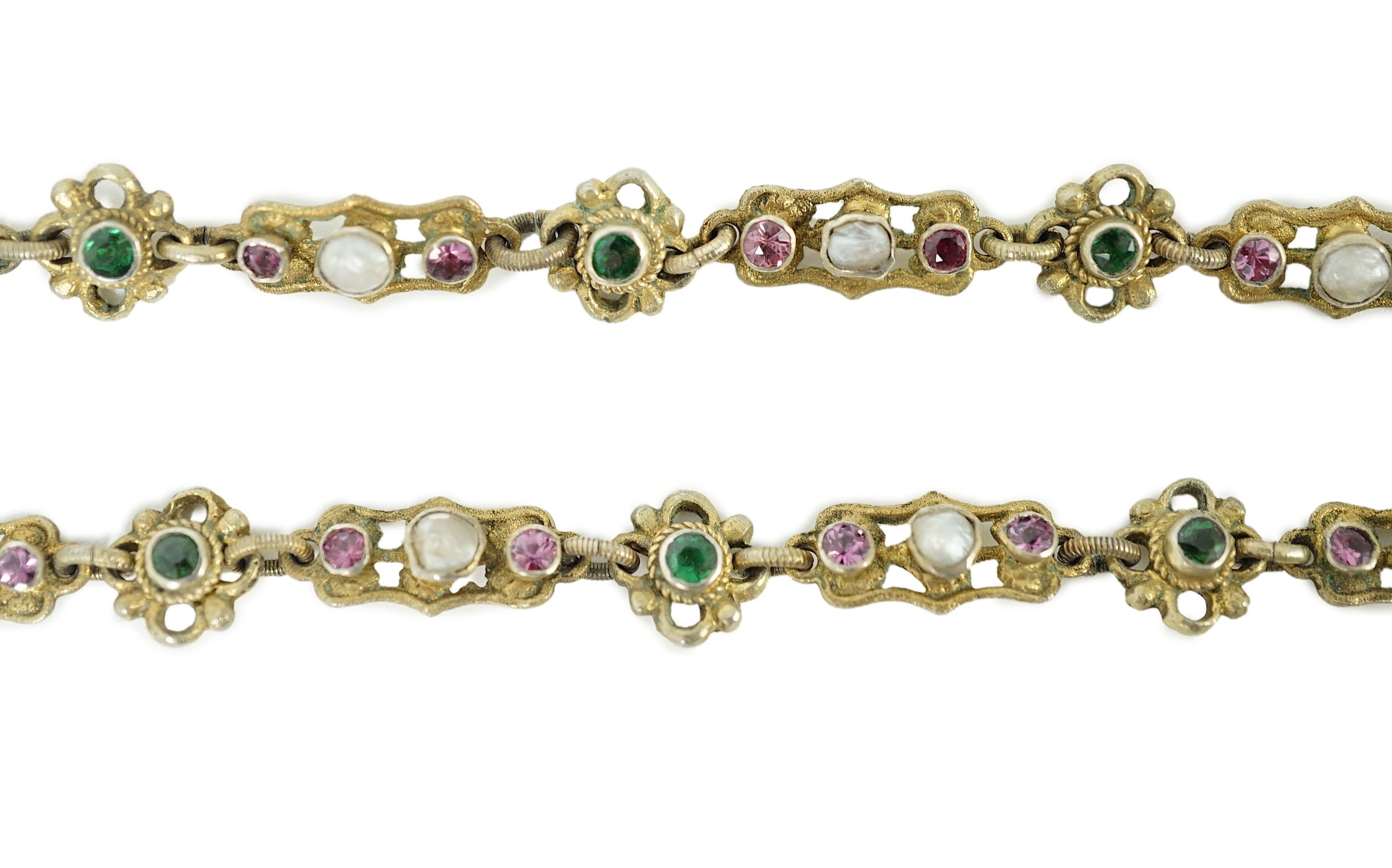 An early 20th century pierced and engraved silver gilt and gem set choker necklace, in the Suffragette colours